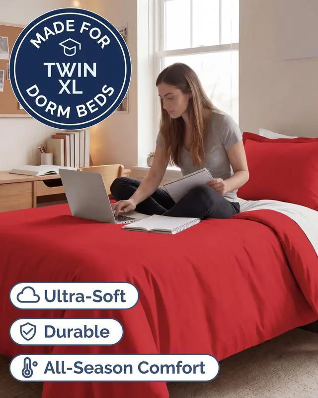 Alt view image 2 of 7 - Duvet Cover Twin/Twin XL Size Set - Extra Soft Twin/Twin XL Duvet Cover 68" x 90" with 1 Pillow Sham for Women, Men, Kids & Teens - Breathable, Easy-Care & Fade Free w/Zipper Closures & Ties (Red)
