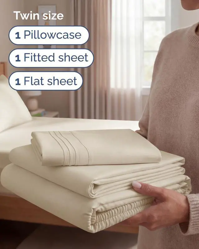 Alt view image 3 of 7 - Twin Size 3 Piece Sheet Set - Comfy Breathable & Cooling Sheets - Hotel Luxury Bed Sheets for Women & Men - Deep Pockets, Easy-Fit, Extra Soft and Wrinkle Free Sheets - Wheat Oeko-Tex Bed Sheet Set