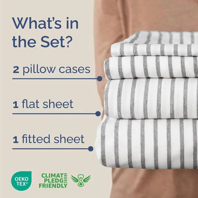 Alt view image 2 of 7 - Cal King Size 4 Piece Sheet Set - Comfy Breathable & Cooling Sheets - Hotel Luxury Bed Sheets for Women & Men - Deep Pockets, Easy-Fit, Soft & Wrinkle Free Sheets - Grey Stripes Oeko-Tex Bed Sheet Set