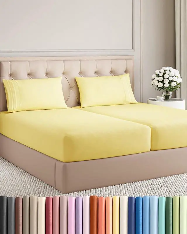 Main image of Split King Size 5 Piece Sheet Set - Comfy Breathable & Cooling Sheets - Hotel Luxury Bed Sheets for Women & Men - Deep Pockets, Easy-Fit, Soft and Wrinkle Free Sheets - Yellow Oeko-Tex Bed Sheet Set