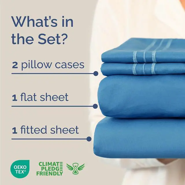 Alt view image 2 of 7 - Queen Size 4 Piece Sheet Set - Comfy Breathable & Cooling Sheets - Hotel Luxury Bed Sheets for Women & Men - Deep Pockets, Easy-Fit, Soft and Wrinkle Free Sheets - Denim Blue Oeko-Tex Bed Sheet Set