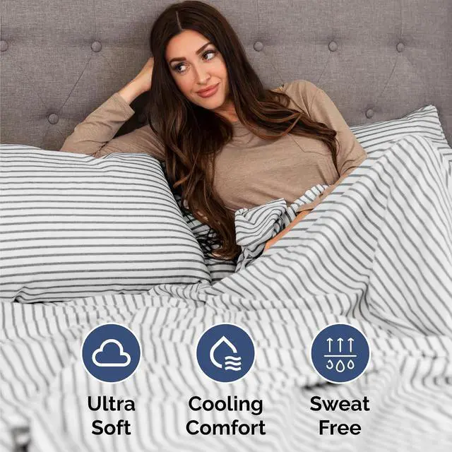 Alt view image 4 of 7 - Cal King Size 4 Piece Sheet Set - Comfy Breathable & Cooling Sheets - Hotel Luxury Bed Sheets for Women & Men - Deep Pockets, Easy-Fit, Soft & Wrinkle Free Sheets - Grey Stripes Oeko-Tex Bed Sheet Set