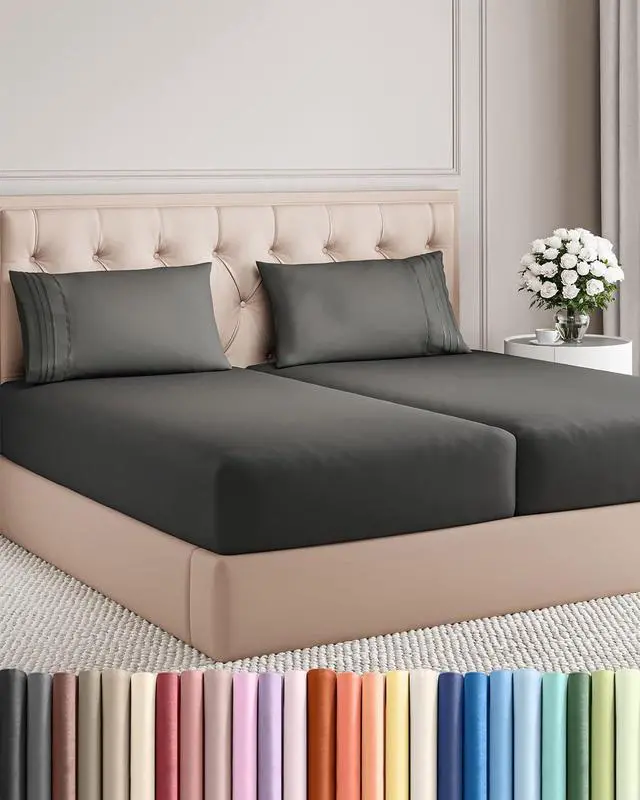 Main image of Split King Size 5 Piece Sheet Set - Comfy Breathable & Cooling Sheets - Hotel Luxury Bed Sheets for Women & Men - Deep Pockets, Easy-Fit, Soft & Wrinkle Free Sheets - Charcoal Oeko-Tex Bed Sheet Set