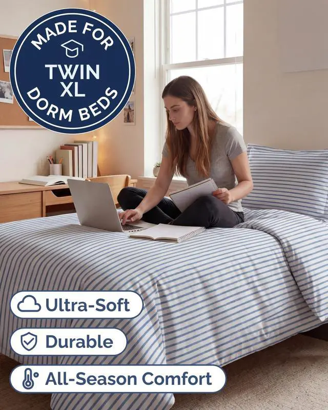 Alt view image 2 of 7 - Duvet Cover Queen Size Set - Extra Soft Queen Duvet Cover 90" x 90" with 2 Pillow Shams for Women, Men, Kids & Teens - Hotel Luxury w/ Zipper Closures & Ties - Comfy, Cozy & Breathable (Beige Stripes)