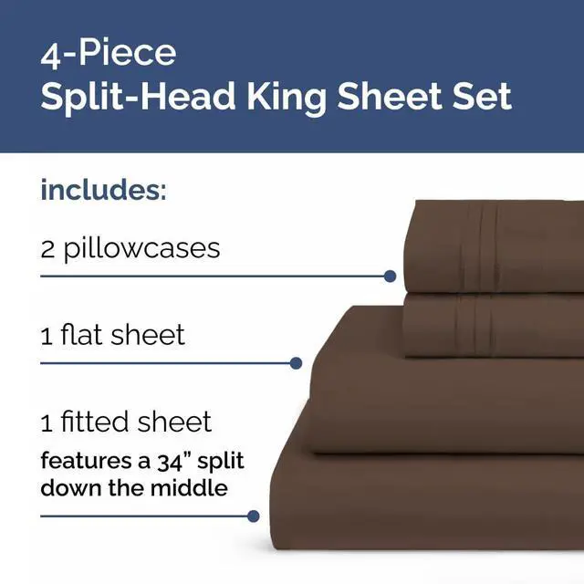 Alt view image 2 of 7 - Flex Top Split Head King 4 Piece Sheet Set - Ultra-Soft, Breathable & Cooling Bed Sheets Set - Hotel Luxury Bedding for Women & Men with Deep Pockets - Wrinkle Free & Fade Resistant - Oeko-Tex - Brown