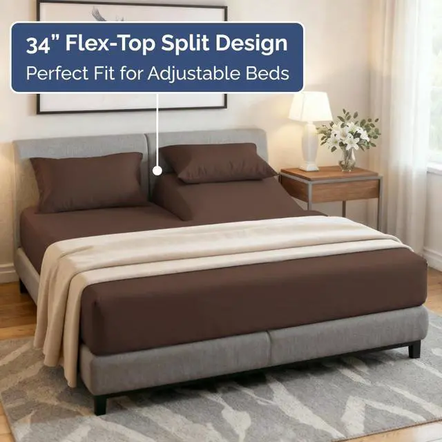 Alt view image 3 of 7 - Flex Top Split Head King 4 Piece Sheet Set - Ultra-Soft, Breathable & Cooling Bed Sheets Set - Hotel Luxury Bedding for Women & Men with Deep Pockets - Wrinkle Free & Fade Resistant - Oeko-Tex - Brown