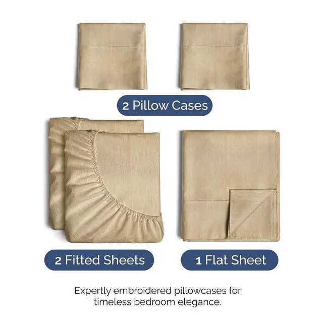 Alt view image 2 of 7 - Split King Size 5 Piece Sheet Set - Comfy Breathable & Cooling Sheets - Hotel Luxury Bed Sheets for Women & Men - Deep Pockets, Easy-Fit, Soft & Wrinkle Free Sheets - Heathered Tan Oeko-Tex Bed Sheets