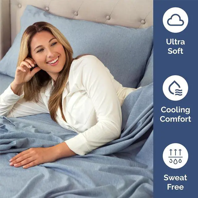 Alt view image 4 of 7 - King Size 4 Piece Sheet Set - Comfy Breathable & Cooling Sheets - Hotel Luxury Bed Sheets for Women & Men - Deep Pockets, Easy-Fit, Soft & Wrinkle Free Sheets - Heathered Blue Oeko-Tex Bed Sheet Set