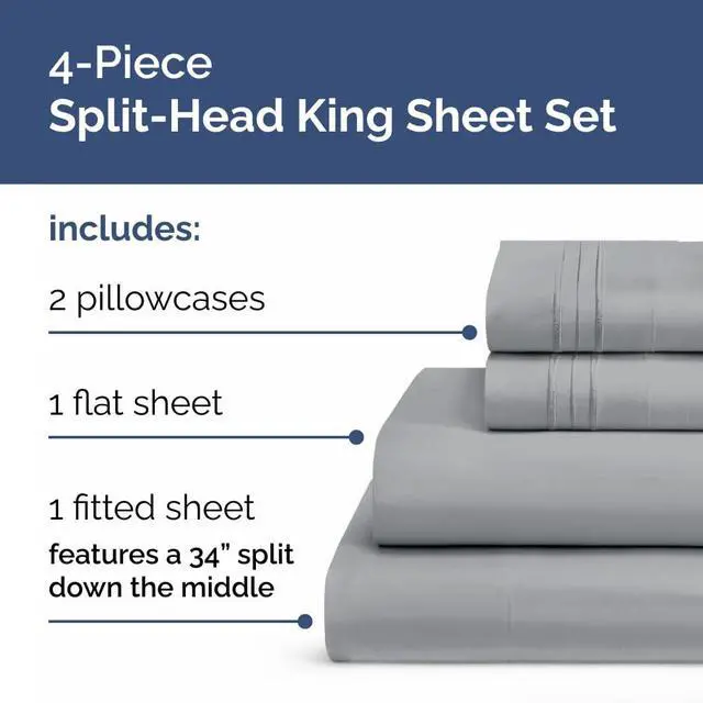 Alt view image 2 of 7 - Flex Top Split Head King 4 Piece Sheet Set - Ultra-Soft, Breathable & Cooling Bed Sheets Set - Hotel Luxury Bedding for Women & Men with Deep Pockets - Wrinkle and Fade Free - Oeko-Tex - Steel Blue