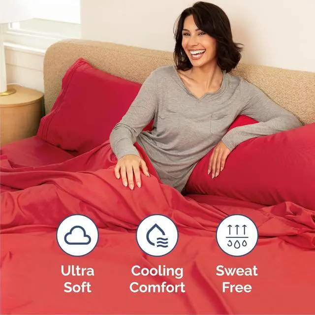 Alt view image 4 of 7 - Cal King Size 4 Piece Sheet Set - Comfy Breathable & Cooling Sheets - Hotel Luxury Bed Sheets for Women & Men - Deep Pockets, Easy-Fit, Extra Soft & Wrinkle Free Sheets - Red Oeko-Tex Bed Sheet Set