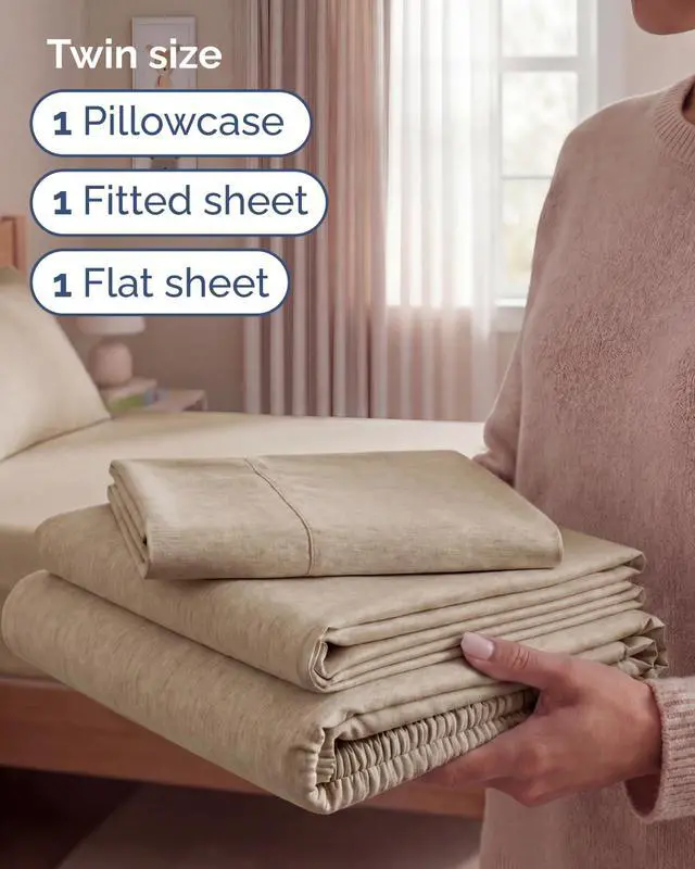Alt view image 3 of 7 - Twin Size 3 Piece Sheet Set - Comfy Breathable & Cooling Sheets - Hotel Luxury Bed Sheets for Women & Men - Deep Pockets, Easy-Fit, Soft & Wrinkle Free Sheets - Heathered Beige Oeko-Tex Bed Sheet Set