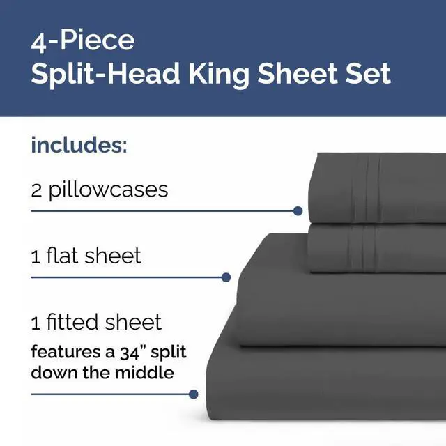 Alt view image 2 of 7 - Flex Top Split Head King 4 Piece Sheet Set - Soft, Breathable & Cooling Bed Sheets Set - Hotel Luxury Bedding for Women & Men with Deep Pockets - Wrinkle Free & Fade Resistant - Oeko-Tex - Charcoal