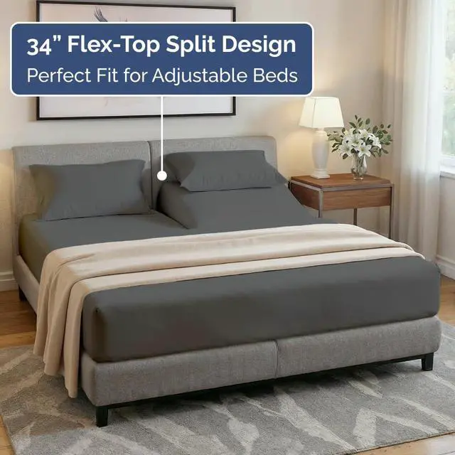 Alt view image 3 of 7 - Flex Top Split Head King 4 Piece Sheet Set - Soft, Breathable & Cooling Bed Sheets Set - Hotel Luxury Bedding for Women & Men with Deep Pockets - Wrinkle Free & Fade Resistant - Oeko-Tex - Charcoal