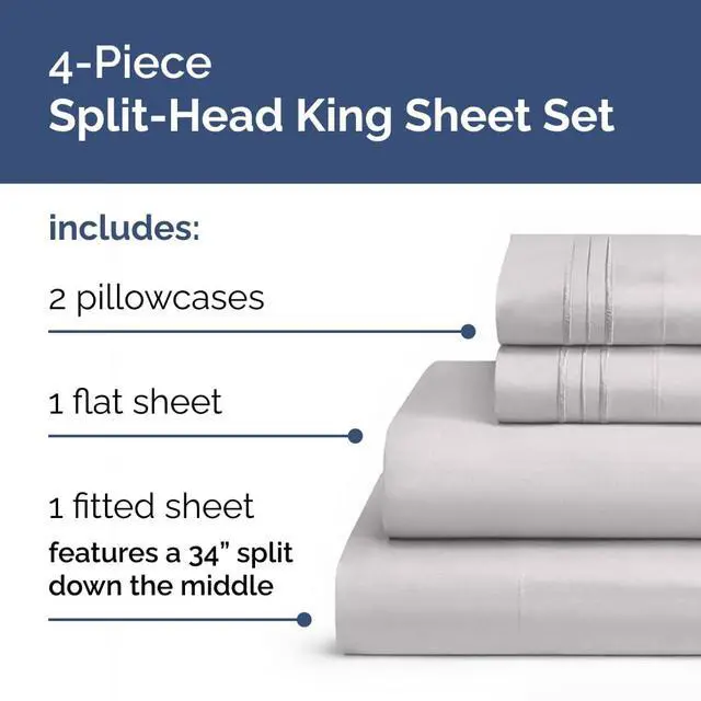 Alt view image 2 of 7 - Flex Top Split Head King 4 Piece Sheet Set - Ultra-Soft, Breathable & Cooling Bed Sheets Set - Hotel Luxury Bedding for Women & Men with Deep Pockets - Wrinkle and Fade Free - Oeko-Tex - Light Grey