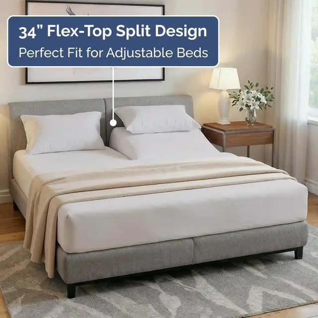 Alt view image 3 of 7 - Flex Top Split Head King 4 Piece Sheet Set - Ultra-Soft, Breathable & Cooling Bed Sheets Set - Hotel Luxury Bedding for Women & Men with Deep Pockets - Wrinkle and Fade Free - Oeko-Tex - Light Grey