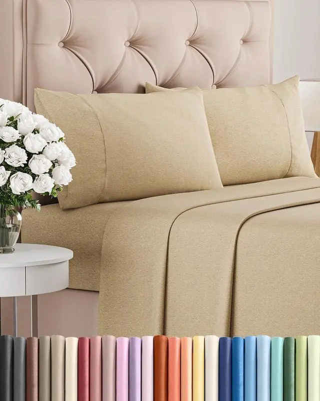 Main image of Queen Size 4 Piece Hotel Luxury Bed Sheet Set - Breathable, Cooling, Deep Pocket, Easy-Fit, Soft & Wrinkle Free - Heathered Tan