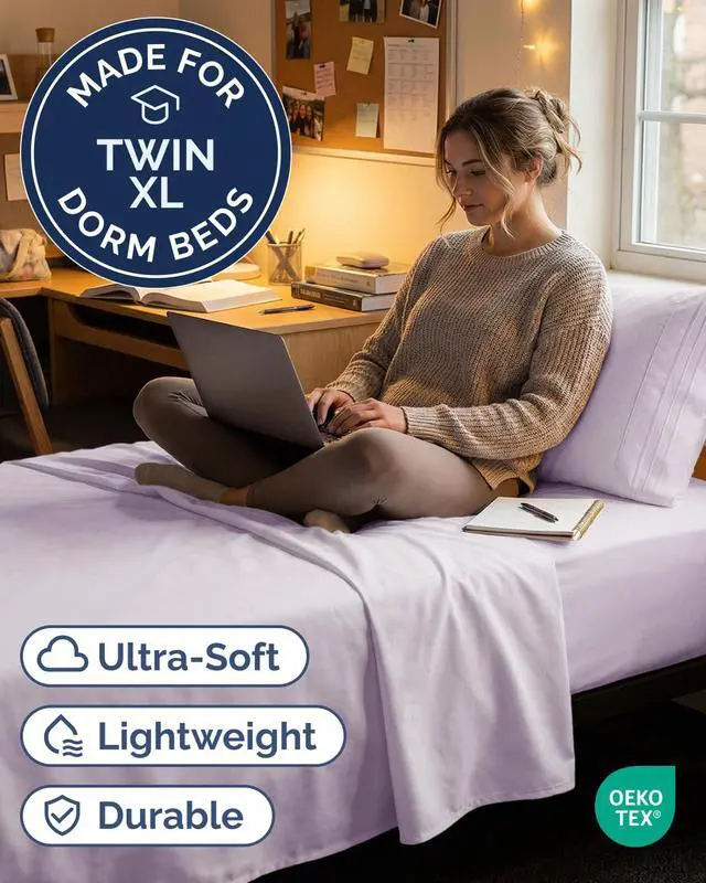 Alt view image 2 of 7 - Twin XL Size 3 Piece Sheet Set - Comfy Breathable & Cooling Sheets - Hotel Luxury Bed Sheets for Women & Men - Deep Pockets, Easy-Fit, Soft & Wrinkle Free Sheets - Light Lavender Oeko-Tex Bed Sheets