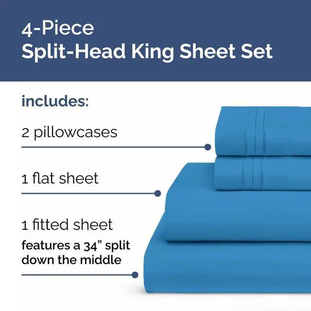 Alt view image 2 of 7 - Flex Top Split Head King 4 Piece Sheet Set - Ultra-Soft, Breathable & Cooling Bed Sheets Set - Hotel Luxury Bedding for Women & Men with Deep Pockets - Wrinkle and Fade Free - Oeko-Tex - Denim Blue