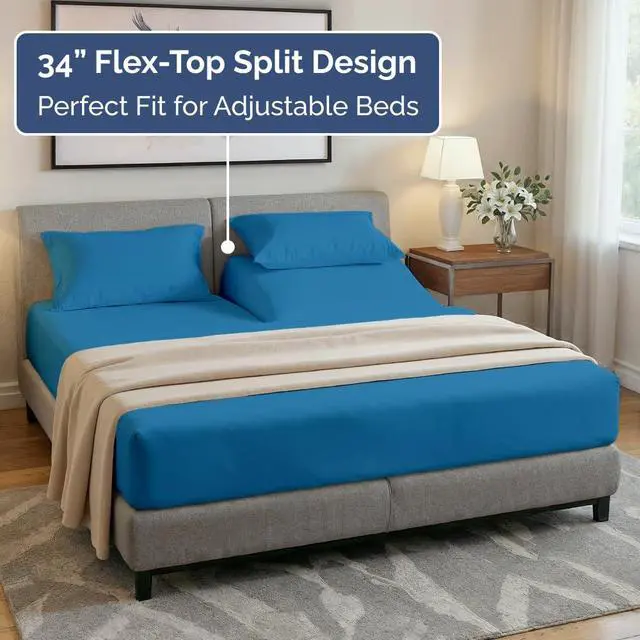 Alt view image 3 of 7 - Flex Top Split Head King 4 Piece Sheet Set - Ultra-Soft, Breathable & Cooling Bed Sheets Set - Hotel Luxury Bedding for Women & Men with Deep Pockets - Wrinkle and Fade Free - Oeko-Tex - Denim Blue