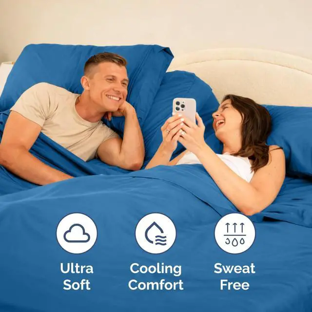 Alt view image 5 of 7 - Flex Top Split Head King 4 Piece Sheet Set - Ultra-Soft, Breathable & Cooling Bed Sheets Set - Hotel Luxury Bedding for Women & Men with Deep Pockets - Wrinkle and Fade Free - Oeko-Tex - Denim Blue