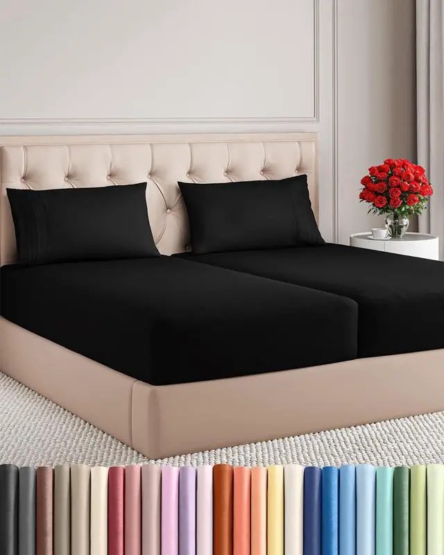 Main image of Split King Size 5 Piece Sheet Set - Comfy Breathable & Cooling Sheets - Hotel Luxury Bed Sheets for Women & Men - Deep Pockets, Easy-Fit, Soft and Wrinkle Free Sheets - Black Oeko-Tex Bed Sheet Set