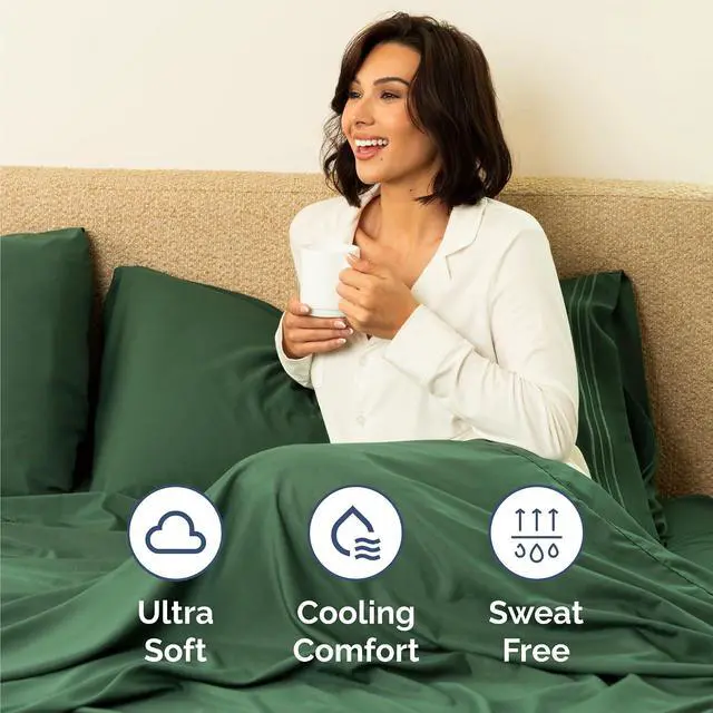 Alt view image 4 of 7 - Cal King Size 4 Piece Sheet Set - Comfy Breathable & Cooling Sheets - Hotel Luxury Bed Sheets for Women & Men - Deep Pockets, Easy-Fit, Soft & Wrinkle Free Sheets - Emerald Green Oeko-Tex Bed Sheets