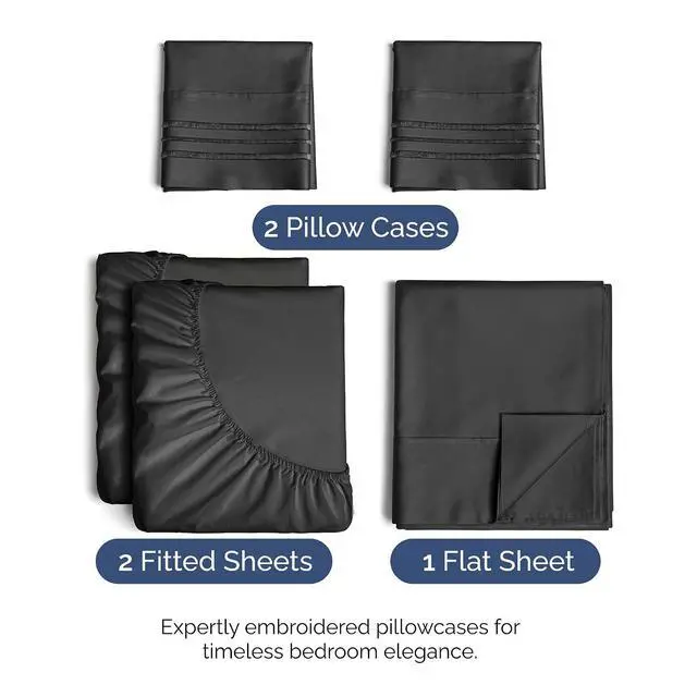Alt view image 2 of 7 - Split King Size 5 Piece Sheet Set - Comfy Breathable & Cooling Sheets - Hotel Luxury Bed Sheets for Women & Men - Deep Pockets, Easy-Fit, Soft and Wrinkle Free Sheets - Black Oeko-Tex Bed Sheet Set
