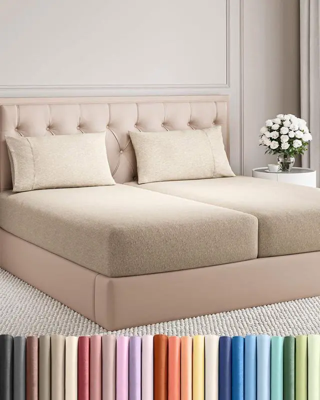 Main image of Split King Size 5 Piece Sheet Set - Comfy Breathable & Cooling Sheets - Hotel Luxury Bed Sheets for Women & Men - Deep Pockets, Easy-Fit, Soft & Wrinkle Free Sheets - Heathered Beige Oeko-Tex Sheets