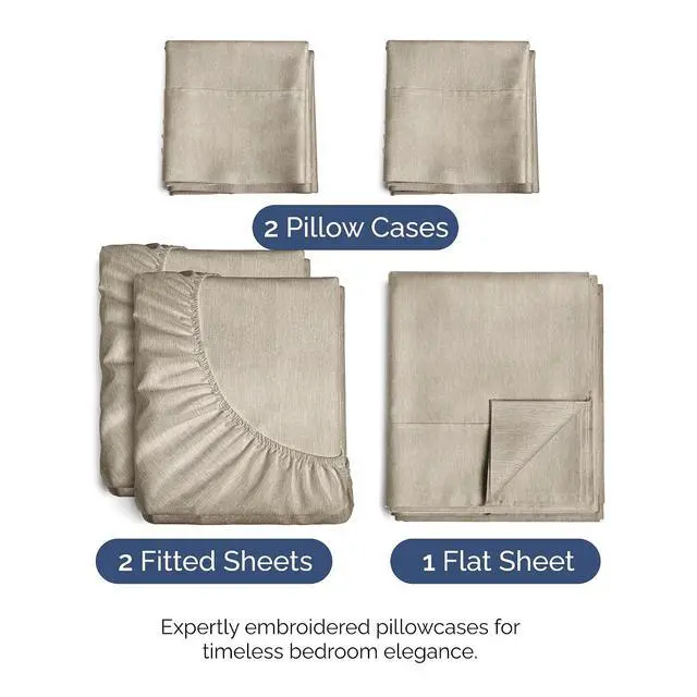 Alt view image 2 of 7 - Split King Size 5 Piece Sheet Set - Comfy Breathable & Cooling Sheets - Hotel Luxury Bed Sheets for Women & Men - Deep Pockets, Easy-Fit, Soft & Wrinkle Free Sheets - Heathered Beige Oeko-Tex Sheets