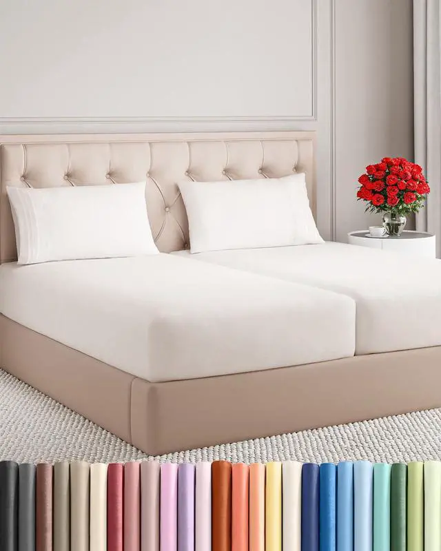 Main image of Split King Size 5 Piece Sheet Set - Comfy Breathable & Cooling Sheets - Hotel Luxury Bed Sheets for Women & Men - Deep Pockets, Easy-Fit, Extra Soft & Wrinkle Free - Antique White Oeko-Tex Bed Sheets