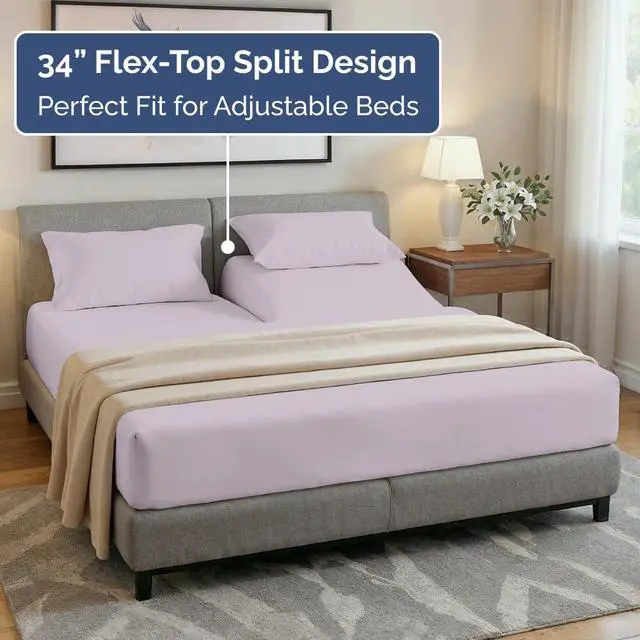 Alt view image 3 of 7 - Flex Top Split Head King 4 Piece Sheet Set - Ultra-Soft, Breathable & Cooling Bed Sheets Set - Hotel Luxury Bedding for Women & Men with Deep Pockets - Wrinkle & Fade Free - Oeko-Tex - Light Lavender