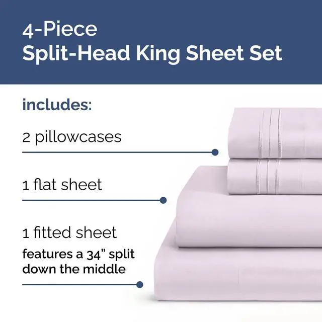Alt view image 2 of 7 - Flex Top Split Head King 4 Piece Sheet Set - Ultra-Soft, Breathable & Cooling Bed Sheets Set - Hotel Luxury Bedding for Women & Men with Deep Pockets - Wrinkle & Fade Free - Oeko-Tex - Light Lavender