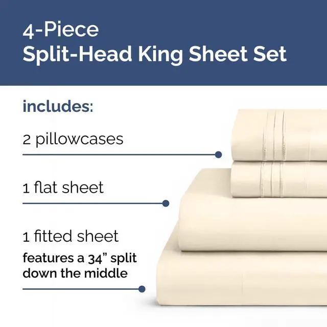Alt view image 2 of 7 - Flex Top Split Head King 4 Piece Sheet Set - Soft, Breathable & Cooling Bed Sheets Set - Hotel Luxury Bedding for Women & Men with Deep Pockets - Wrinkle Free & Fade Resistant - Oeko-Tex - Off White