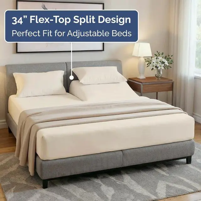 Alt view image 3 of 7 - Flex Top Split Head King 4 Piece Sheet Set - Soft, Breathable & Cooling Bed Sheets Set - Hotel Luxury Bedding for Women & Men with Deep Pockets - Wrinkle Free & Fade Resistant - Oeko-Tex - Off White
