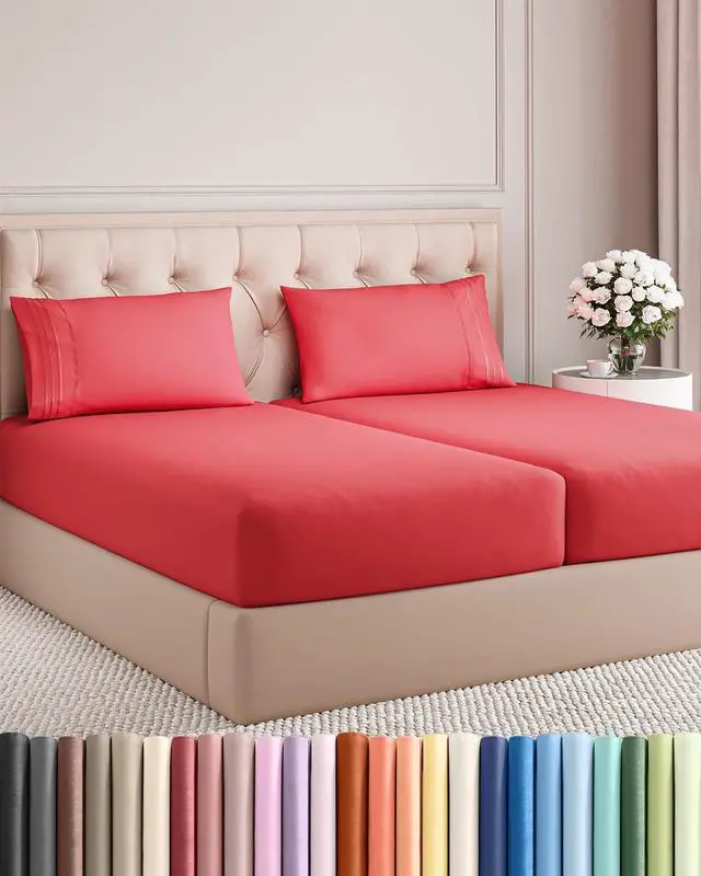 Main image of Split King Size 5 Piece Sheet Set - Comfy Breathable & Cooling Sheets - Hotel Luxury Bed Sheets for Women & Men - Deep Pockets, Easy-Fit, Extra Soft & Wrinkle Free Sheets - Red Oeko-Tex Bed Sheet Set