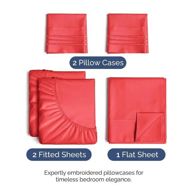 Alt view image 2 of 7 - Split King Size 5 Piece Sheet Set - Comfy Breathable & Cooling Sheets - Hotel Luxury Bed Sheets for Women & Men - Deep Pockets, Easy-Fit, Extra Soft & Wrinkle Free Sheets - Red Oeko-Tex Bed Sheet Set