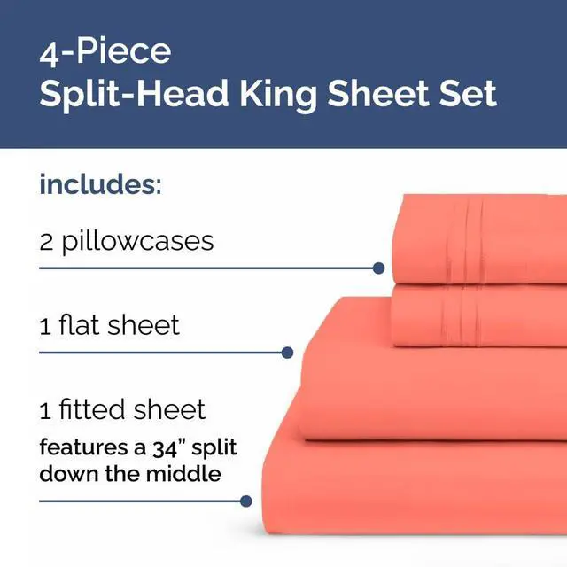 Alt view image 2 of 7 - Flex Top Split Head King 4 Piece Sheet Set - Ultra-Soft, Breathable & Cooling Bed Sheets Set - Hotel Luxury Bedding for Women & Men with Deep Pockets - Wrinkle Free & Fade Resistant - Oeko-Tex - Coral