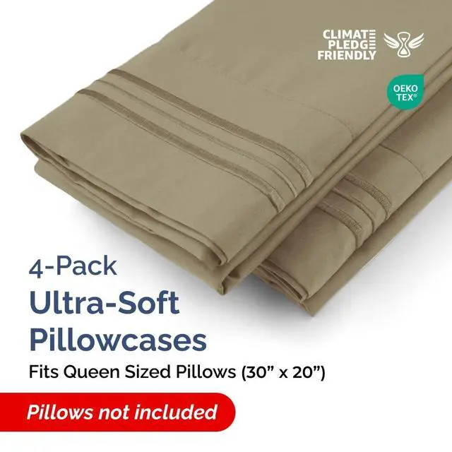 Alt view image 2 of 7 - Queen Pillow Cases Set of 4 - Ultra Soft Hotel Quality Pillowcase Covers - Comfy, Cozy & Wrinkle Free - Shrinkage, Stain and Fade Resistant - Machine Washable Pillow Protectors - 4 Piece Set - Khaki