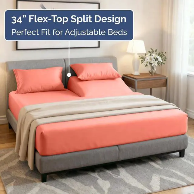 Alt view image 3 of 7 - Flex Top Split Head King 4 Piece Sheet Set - Ultra-Soft, Breathable & Cooling Bed Sheets Set - Hotel Luxury Bedding for Women & Men with Deep Pockets - Wrinkle Free & Fade Resistant - Oeko-Tex - Coral