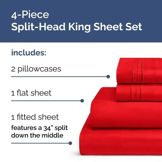 Alt view image 2 of 7 - Flex Top Split Head King 4 Piece Sheet Set - Ultra-Soft, Breathable & Cooling Bed Sheets Set - Hotel Luxury Bedding for Women & Men with Deep Pockets - Wrinkle Free & Fade Resistant - Oeko-Tex - Red