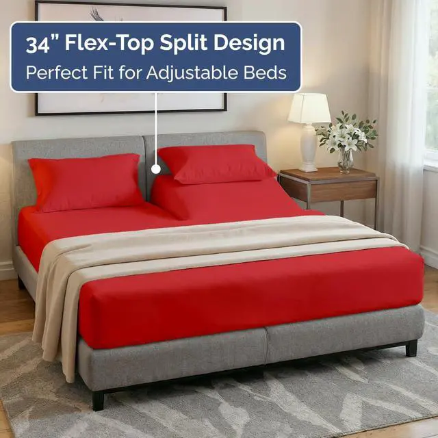 Alt view image 3 of 7 - Flex Top Split Head King 4 Piece Sheet Set - Ultra-Soft, Breathable & Cooling Bed Sheets Set - Hotel Luxury Bedding for Women & Men with Deep Pockets - Wrinkle Free & Fade Resistant - Oeko-Tex - Red