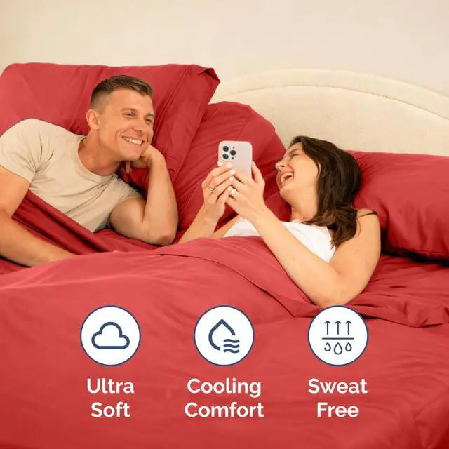 Alt view image 5 of 7 - Flex Top Split Head King 4 Piece Sheet Set - Ultra-Soft, Breathable & Cooling Bed Sheets Set - Hotel Luxury Bedding for Women & Men with Deep Pockets - Wrinkle Free & Fade Resistant - Oeko-Tex - Red