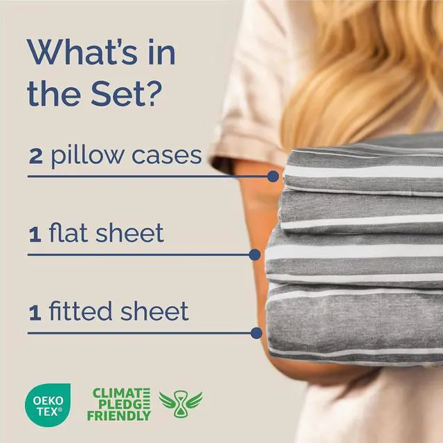 Alt view image 2 of 7 - Full Size 4 Piece Sheet Set - Comfy Breathable & Cooling Sheets - Hotel Luxury Bed Sheets for Women & Men - Deep Pockets, Easy-Fit, Soft and Wrinkle Free Sheets - Grey Stripes Oeko-Tex Bed Sheet Set