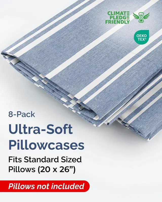 Alt view image 2 of 7 - Standard Pillow Cases Set of 8 - Ultra Soft Hotel Quality Pillowcase Covers - Comfy & Wrinkle Free - Shrink, Stain and Fade Resistant - Machine Washable Pillow Protectors - 8 Piece Set - Blue Stripes