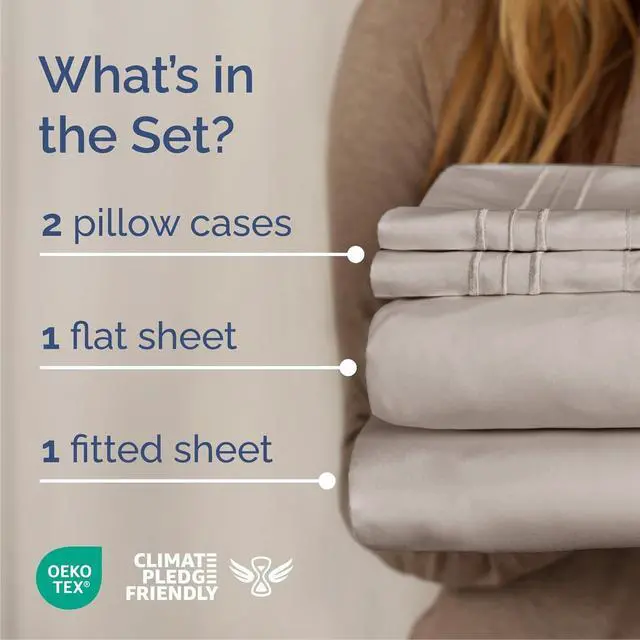 Alt view image 2 of 7 - Cal King Size 4 Piece Sheet Set - Comfy Breathable & Cooling Sheets - Hotel Luxury Bed Sheets for Women & Men - Deep Pockets, Easy-Fit, Soft & Wrinkle Free Sheets - Light Grey Oeko-Tex Bed Sheet Set