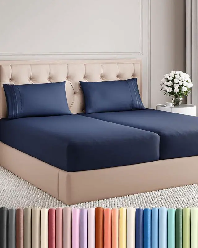 Main image of Split King Size 5 Piece Sheet Set - Comfy Breathable & Cooling Sheets - Hotel Luxury Bed Sheets for Women & Men - Deep Pockets, Easy-Fit, Soft & Wrinkle Free Sheets - Navy Blue Oeko-Tex Bed Sheet Set