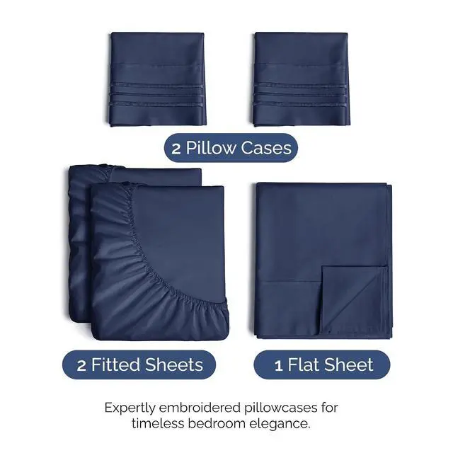 Alt view image 2 of 7 - Split King Size 5 Piece Sheet Set - Comfy Breathable & Cooling Sheets - Hotel Luxury Bed Sheets for Women & Men - Deep Pockets, Easy-Fit, Soft & Wrinkle Free Sheets - Navy Blue Oeko-Tex Bed Sheet Set