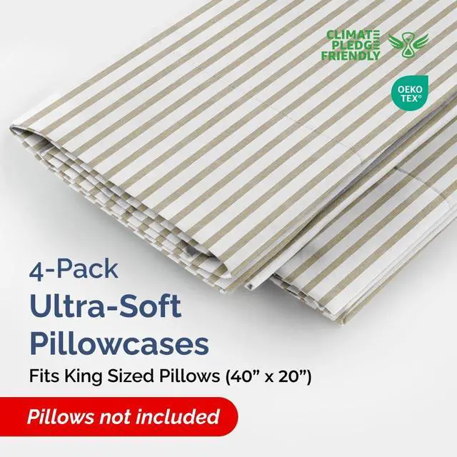 Alt view image 2 of 7 - King Pillow Cases Set of 4 - Ultra Soft Hotel Quality Pillowcase Covers - Comfy, Cozy & Wrinkle Free - Shrinkage and Fade Resistant - Machine Washable Pillow Protectors - 4 Piece Set - Beige Stripes 2
