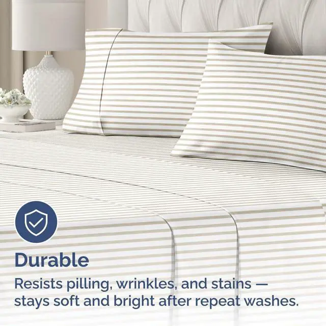 Alt view image 4 of 7 - Queen Pillow Cases Set of 4 - Ultra Soft Hotel Quality Pillowcase Covers - Comfy, Cozy & Wrinkle Free - Shrinkage & Fade Resistant - Machine Washable Pillow Protectors - 4 Piece Set - Beige Stripes 2