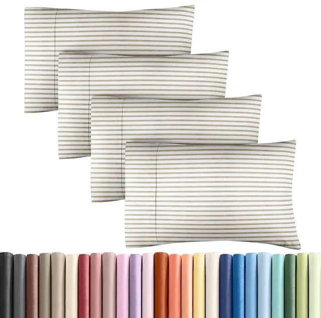 Main image of Queen Pillow Cases Set of 4 - Ultra Soft Hotel Quality Pillowcase Covers - Comfy, Cozy & Wrinkle Free - Shrinkage & Fade Resistant - Machine Washable Pillow Protectors - 4 Piece Set - Beige Stripes 2